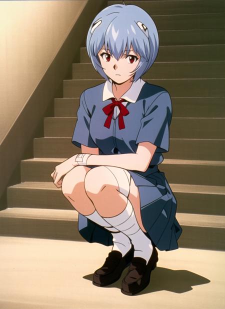 3978521683-471778450-evangelion anime style, anime screencap, 1990s__(style_),  ayanami rei, 1girl, __, bandaged arm, bandages, blue hair, blue shirt.png